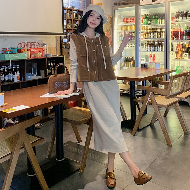 卫衣连衣裙马夹套装休闲中长款,女装套装/套裙,素月