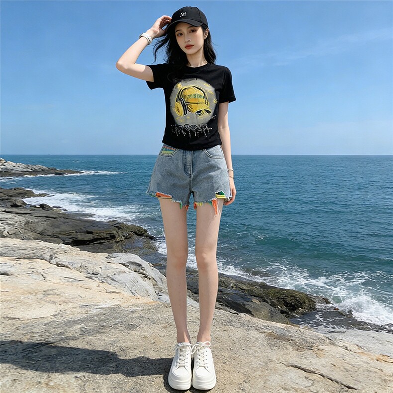 女夏季新款韩版运动休闲套装卡通印花圆领短袖宽松牛仔短裤两件套,女装套装/套裙,江南
