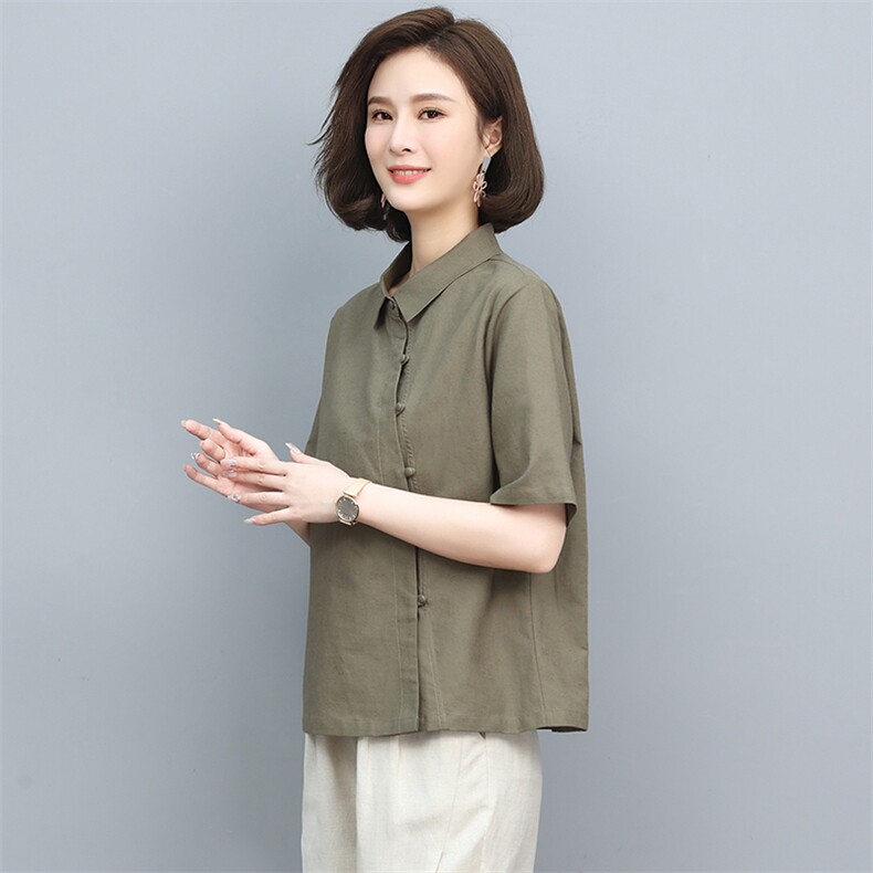 棉麻衬衫女2024夏季新款妈妈短袖衬衣中老年洋气亚麻薄款半袖上衣,女装衬衫,忆绮罗