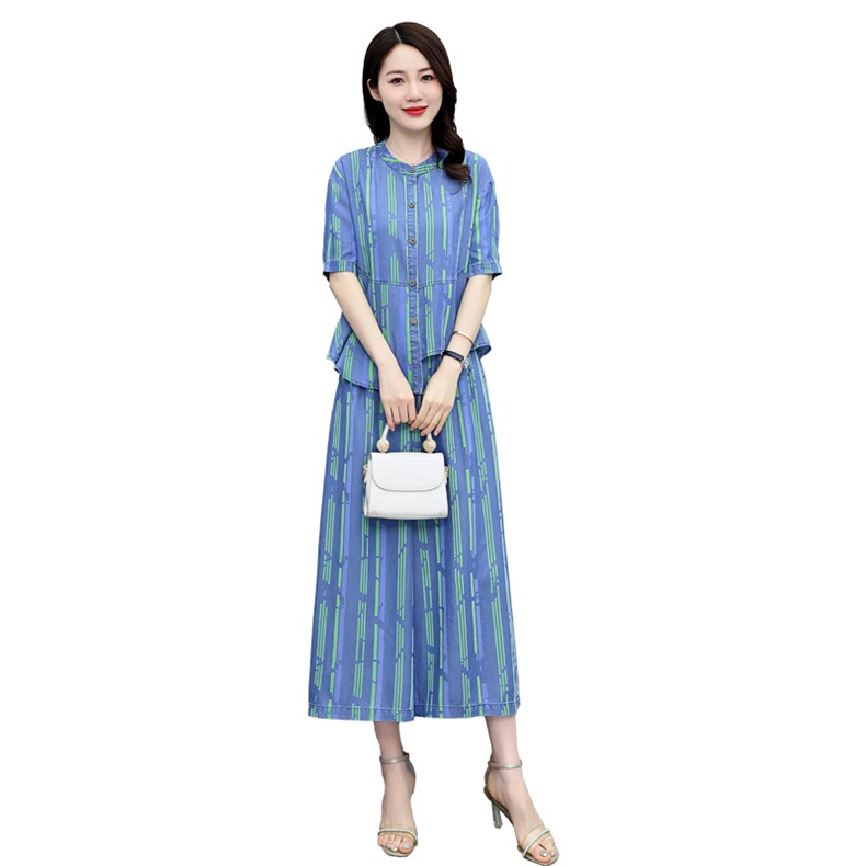 时髦洋气天丝牛仔套装女2025年夏装韩版条纹气质坠感阔腿裤两件套,女装套装/套裙,魅影
