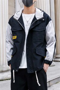 2021春季新款男士夹克拼色连帽工装风衣韩版潮流外套DS324TP95图片