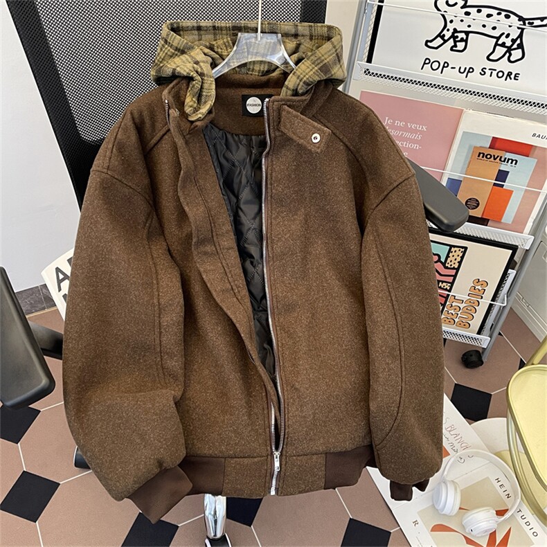 加绒加厚冬款男连帽棉衣毛呢条纹格子夹棉棉袄卫衣外套MA6P95,男装棉衣,星座1013-1