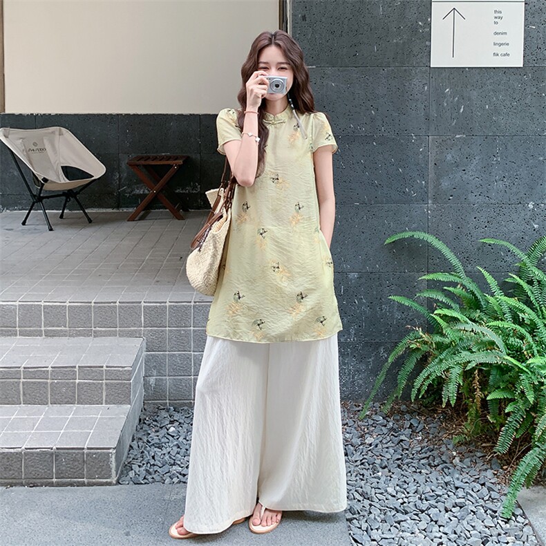 新中式国风套装女2025夏季新款复古气质盘扣旗袍上衣阔腿裤两件套,女装套装/套裙,浙宝301