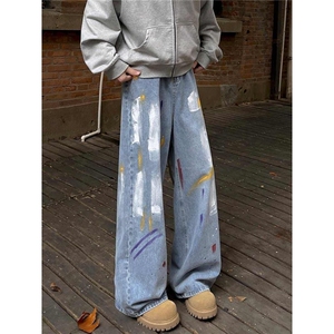 油漆涂鸦牛仔裤男泼墨潮牌痞帅复古宽松美式高街裤子 GN9566-P50，男装牛仔裤，星座1001-1
