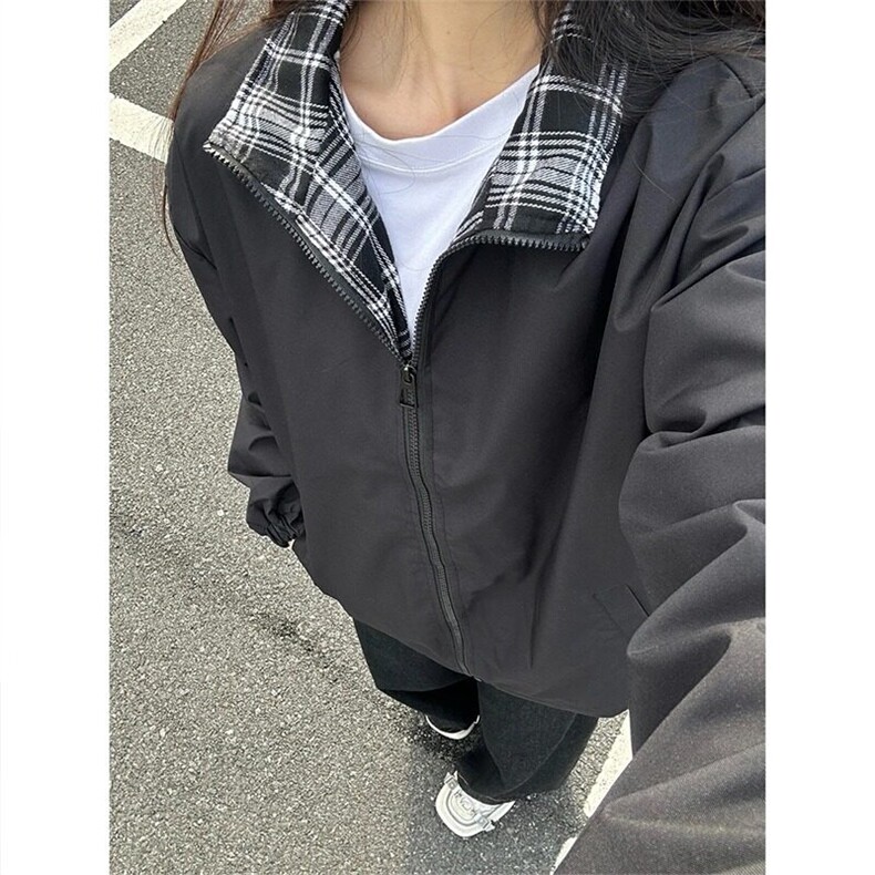 cleanfit撞色拼接夹克男款春秋格子翻领骑行服美式复古设计感外套,男装夹克,星座506A