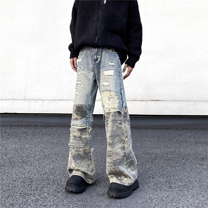 美式高街水洗重工牛仔裤男潮牌小众拼接宽松做旧阔腿裤，男装牛仔裤，星座506A
