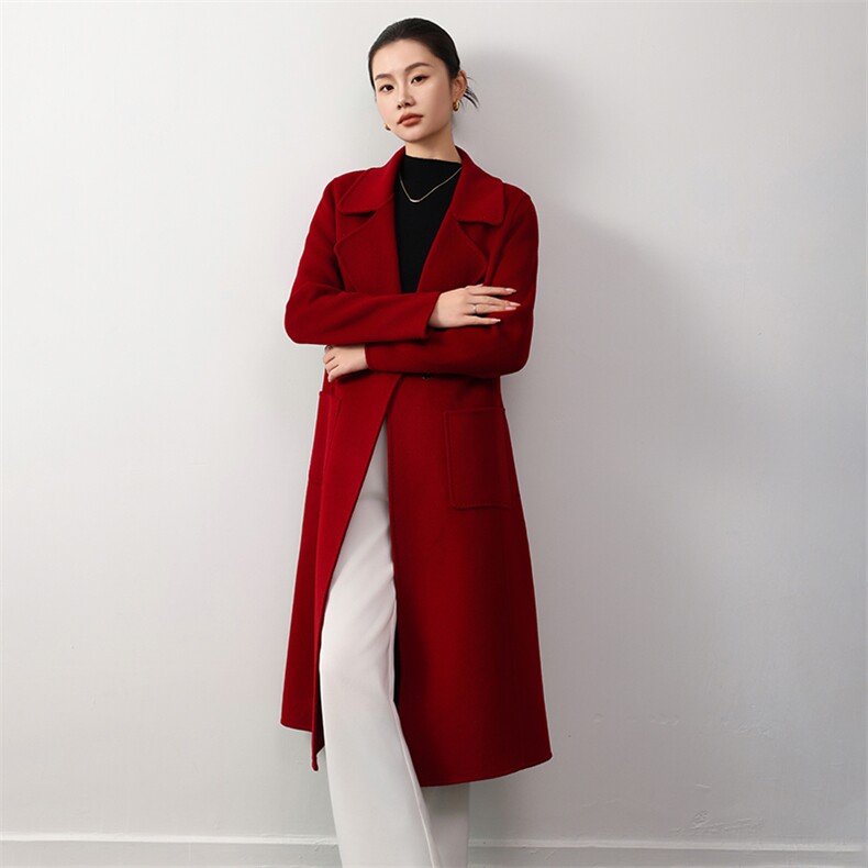 时尚百搭羊毛女士双面呢大衣优雅显瘦长款外套单品,女装双面呢大衣,岳达羊绒