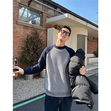 圆领毛衣男秋冬季潮牌拼色套头保暖打底衫休闲毛线加厚针织衫男款，男装T恤，星座506A