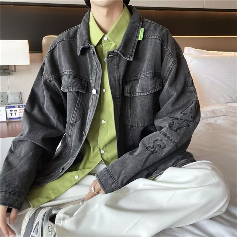 美式复古黑色牛仔外套男高街潮牌ins潮流宽松情侣春夏装工装夹克图片