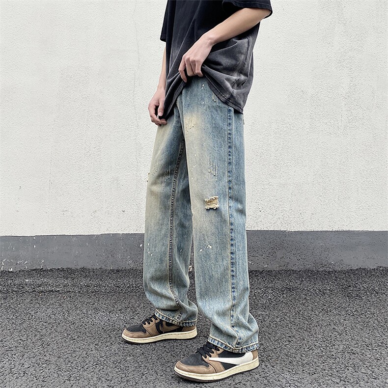 高街美式复古黄泥水洗破洞牛仔裤男宽松长裤XZ211-1-K2315-P55,男装牛仔裤,星座211-1