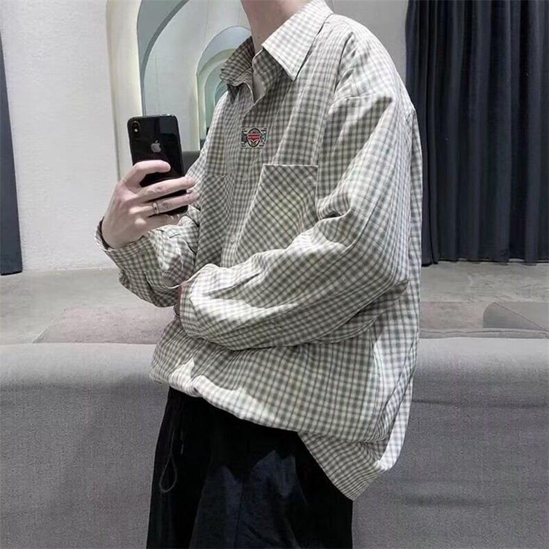 日系复古格子长袖衬衫男新款潮牌宽松高级感外套CS733-P40，男装衬衫，星座208-5