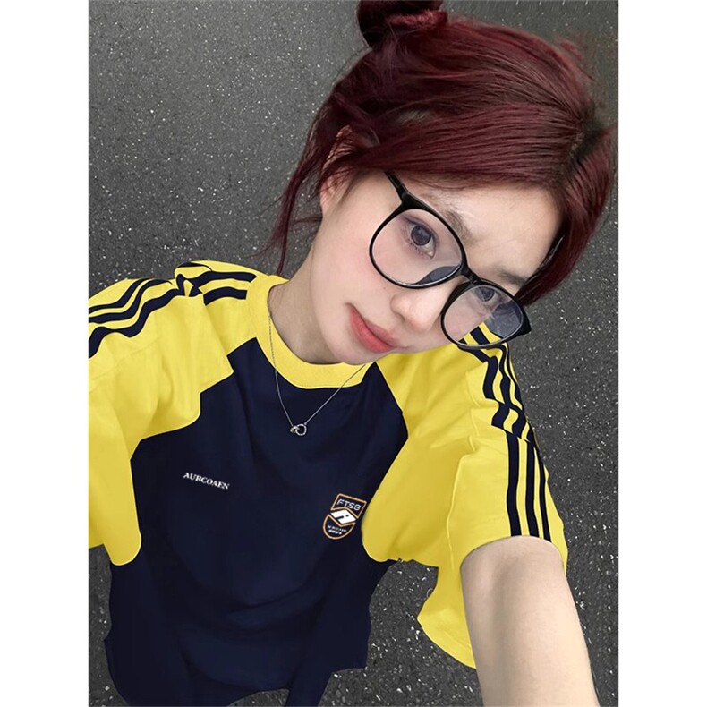 夏季美式高街重磅纯棉三条杠织带插肩撞色男女短袖T恤 CZ85-特P25图片