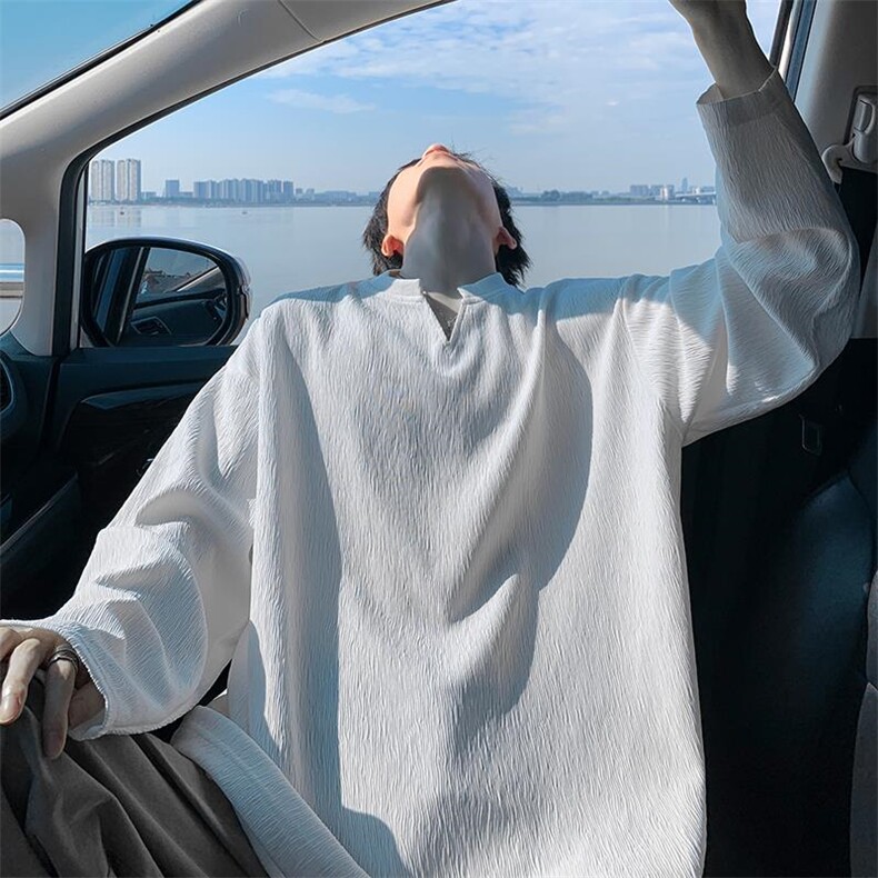 2026春季新款V领纹理感时尚大码长袖T恤男打底衫T51121特P24控48，男装T恤，电商A001