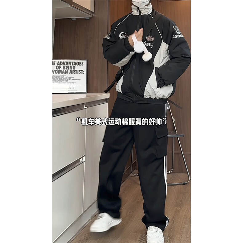 美式立领机车服棉衣男冬季新款潮流痞帅复古撞色加厚休闲棉服外套,男装棉衣,星座226-1