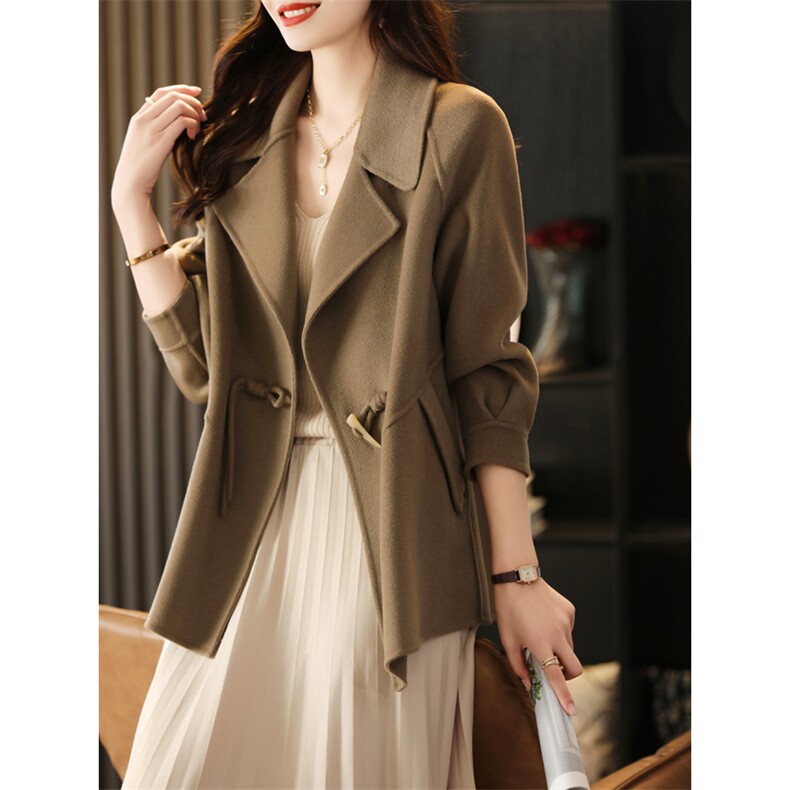 2025秋冬新款双面羊绒大衣女短款韩版西装领牛角扣100羊毛外套，女装双面呢大衣，贝源羊绒