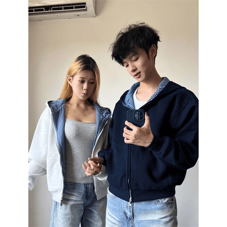 抖音得物高品质二开26春季美式潮牌两面穿连帽卫衣开衫男女外套,女装短外套,电商A443