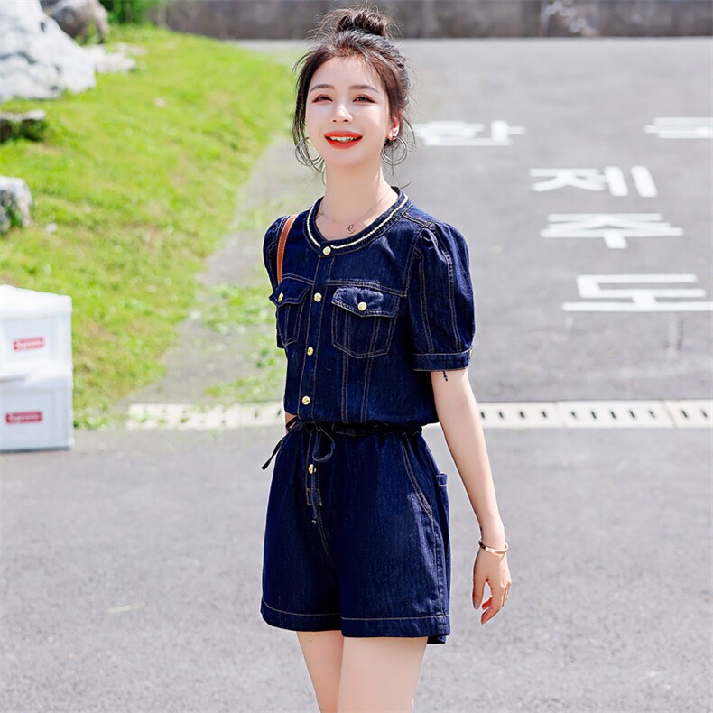 天丝牛仔连体裤女薄款2025夏季新款韩版时尚洋气减龄工装连衣短裤,女装连体裤,意芙