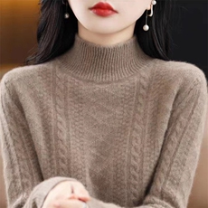 100%羊毛衫2025秋冬新款女半高领菱形提花毛衣宽松长袖羊绒打底衫，女装羊毛衫，忠诺羊绒