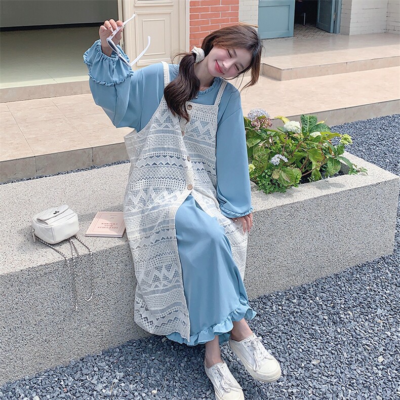 现货2026秋装蓝色连衣裙+白色马甲两件套2C056-6803-P155控218,女装连衣裙,2C056