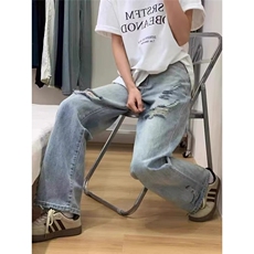 705-P41设计感别致破洞浅蓝休闲牛仔裤女2025夏季薄款，男装牛仔裤，电商B323A