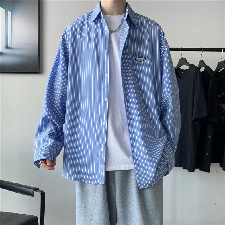 日系复古条纹衬衫男青少年时尚港风潮流宽松休闲痞帅翻领衬衣外套,男装衬衫,星座506A