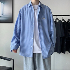 日系复古条纹衬衫男青少年时尚港风潮流宽松休闲痞帅翻领衬衣外套，男装衬衫，星座506A