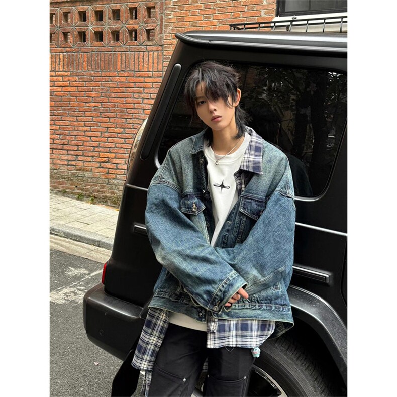 复古格子不规则拼接假两件牛仔外套男春秋季宽松夹克JB19,男装针织衫/毛衣,星座1116A（原606A-3）
