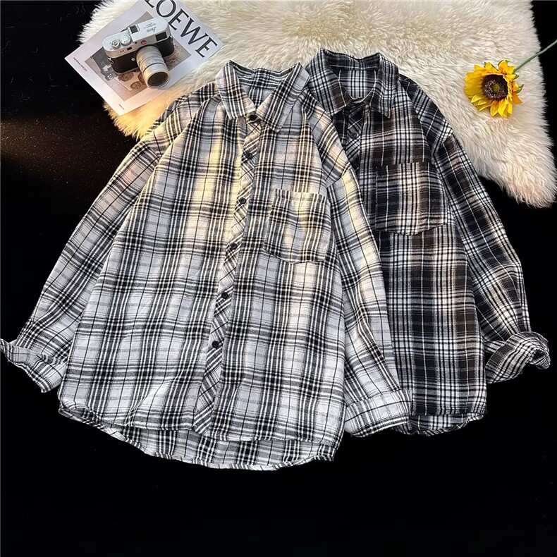 美式黑白格子衬衫男春秋新款痞帅内搭衬衣百搭休闲外套CY1226-P33，男装衬衫，星座412-3