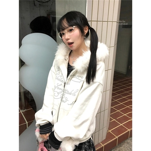 美式复古白色毛领连帽卫衣男女秋冬新款宽松字母印花拉链开衫外套图片
