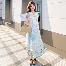 2025新款夏装小飞袖度假风两件套连衣裙2521-P175控258，女装连衣裙，2D009
