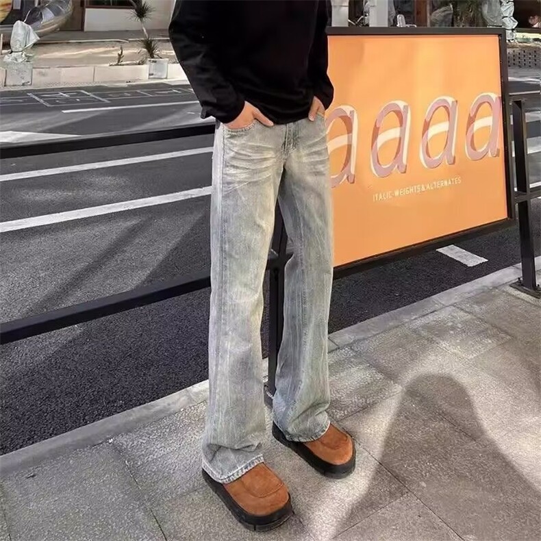 蓝色闪电纹微喇牛仔裤男春秋款美式裤子窄版显瘦直筒裤N913,男装牛仔裤,星座1116A（原606A-3）