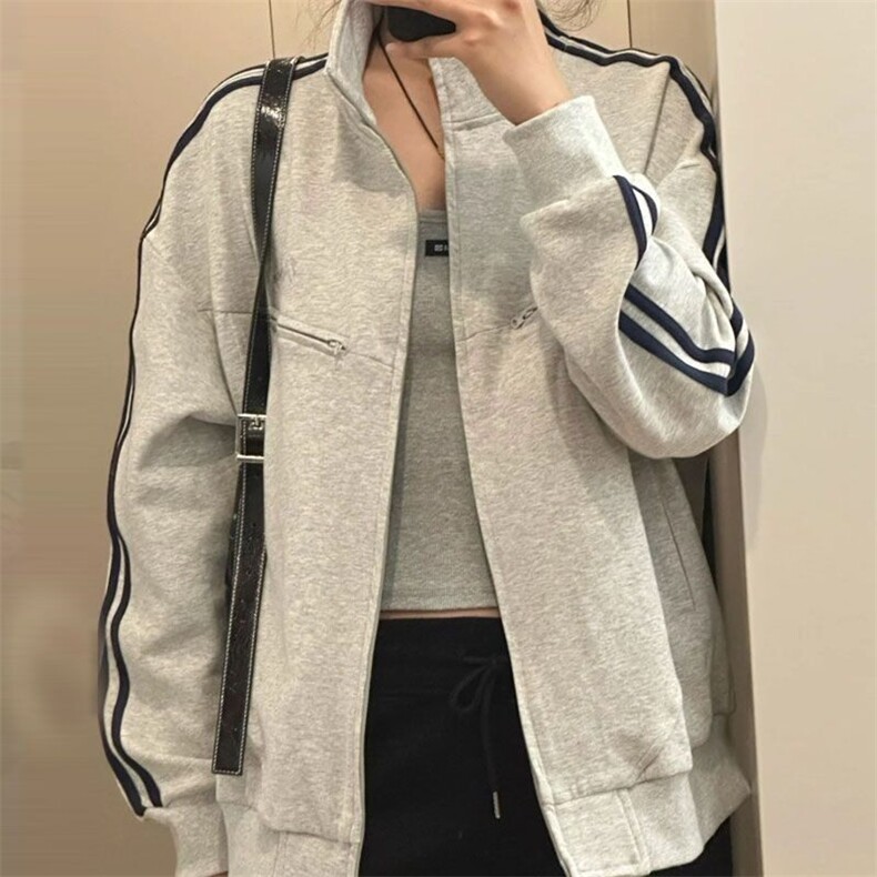 立领春秋宽松灰色夹克卫衣男女潮2025新品百搭潮流网红上衣三条杠,男装夹克,星座506A