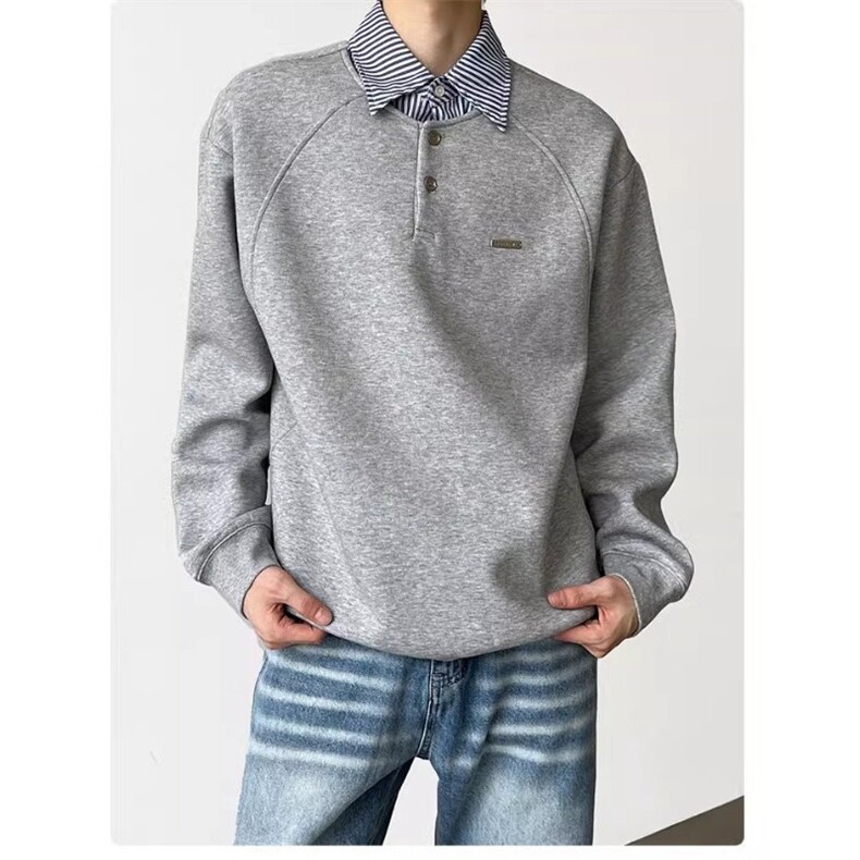 HY0629-P43假两件条纹翻领拼接学院风长袖上衣春秋季男女Polo衫，男装Polo衫，电商C233