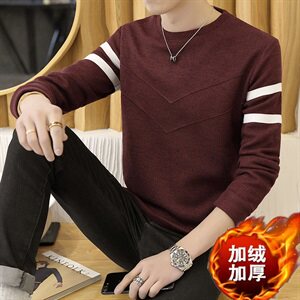 冬季加厚保暖长袖卫衣男外贸打底衫双V白标圆领套头灰709加绒图片