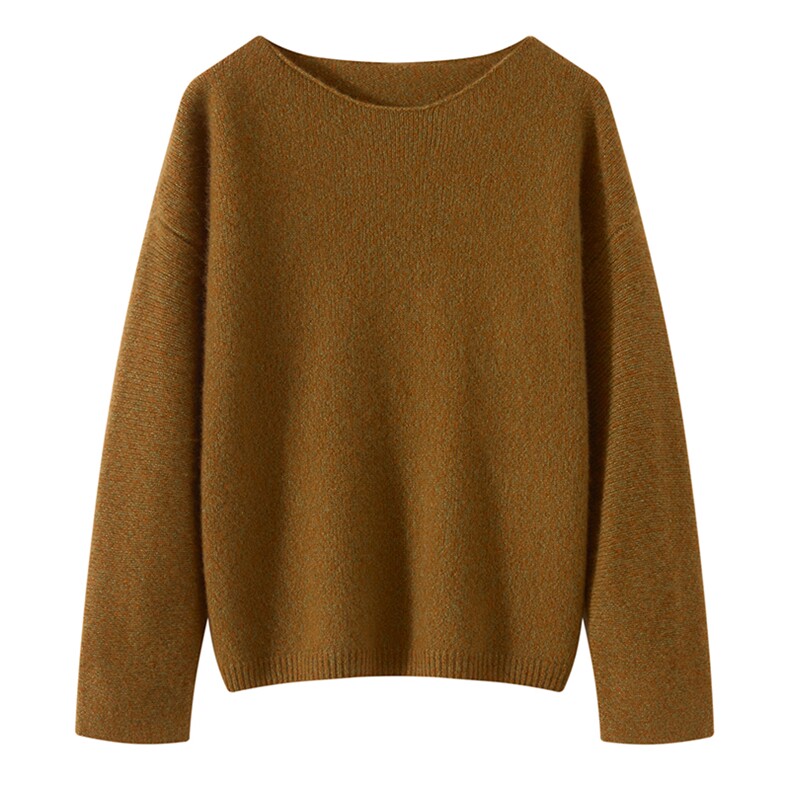 丝绒宽松花纱羊绒衫2025秋冬新一字领套头女针织毛衣落肩长袖轻盈，女装针织衫/毛衣，多娇羊绒