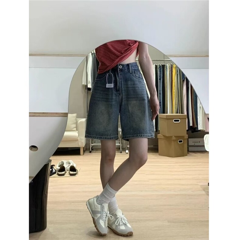 美式复古水洗直筒牛仔短裤女2025夏季新款显瘦高腰宽松五分中裤,男装牛仔裤,星座1210-1