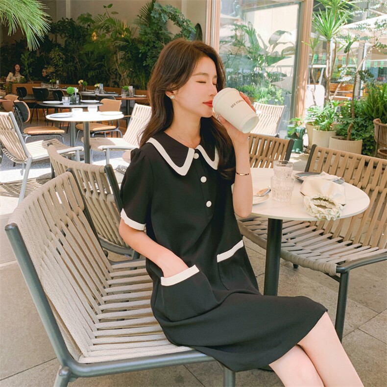 小香风娃娃领显瘦连衣裙女法式小个子直筒短裙子夏季2024新款黑色，女装连衣裙，帛香坊
