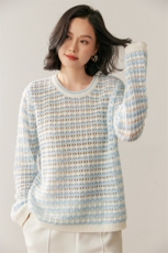 秋季新款镂空条纹圆领针织珊时尚休闲百搭，女装针织衫/毛衣，鸥蕊娅羊绒