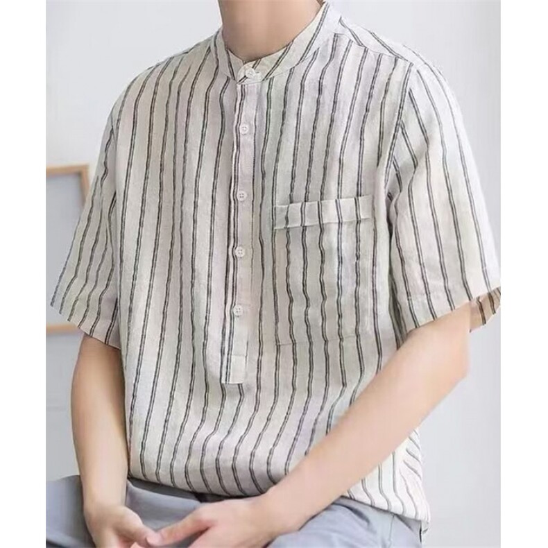 日系立领半袖衬衫男宽松薄款T恤夏季休闲复古透气套头衬C305,男装T恤,星座1116A（原606A-3）