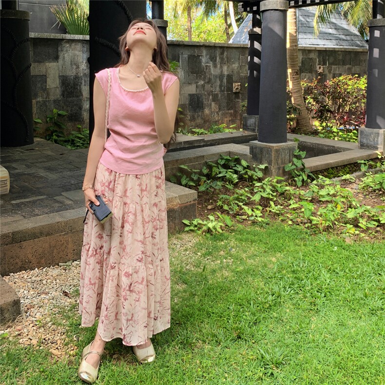 粉色上衣碎花半身裙套装女2025夏季新款氛围感穿搭超仙减龄两件套,女装套装/套裙,慧尚2-185
