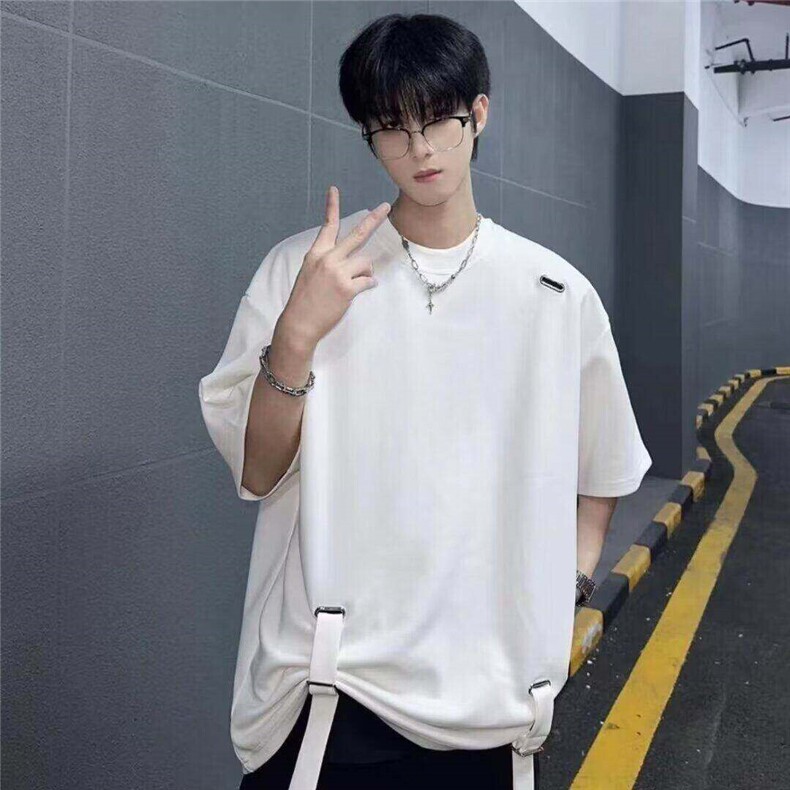 金属设计感绑带可调节T恤重磅阔版男夏季五分短袖网络图CC11，男装T恤，星座1116A（原606A-3）