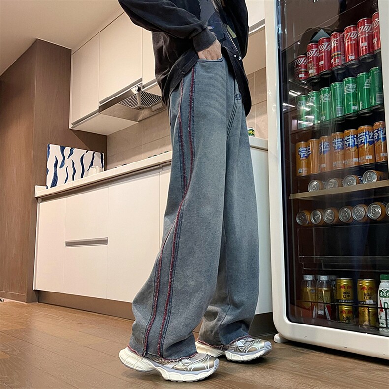 织带条纹牛仔裤男款潮牌hiphop休闲裤子春秋季美式复古宽松阔腿裤，男装牛仔裤，星座410-7