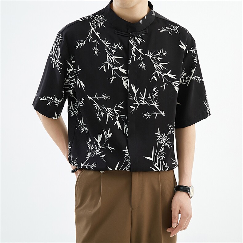 抖音夏季新中式风立领竹叶短袖衬衫男冰丝衬衣A236-0830-P50,男装衬衫,电商A236