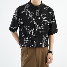 抖音夏季新中式风立领竹叶短袖衬衫男冰丝衬衣A236-0830-P50，男装衬衫，电商A236