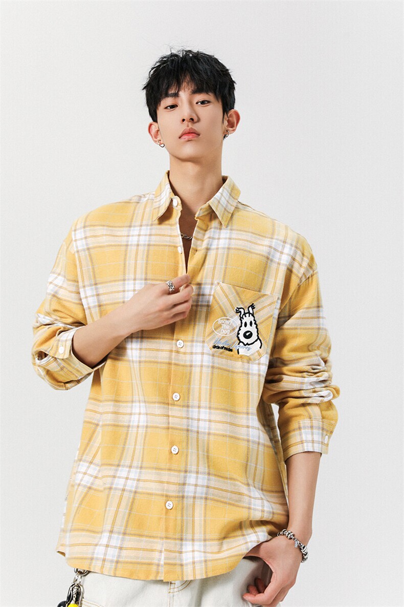 8XL-M小狗格子衬衫男长袖2025春情侣款寸衣宽松衬衣CS519P58控78,男装衬衫,电商D206-1