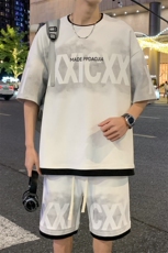 特批P50无差价夏新假菠萝格假两件字母印花设计感五分套装男TZ322，男装休闲套装，电商A001-1