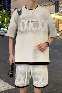 特批P50无差价夏新假菠萝格假两件字母印花设计感五分套装男TZ322图片