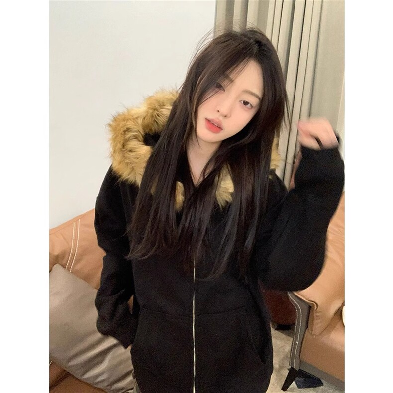1506-1/WF061/P62复古宽松简约连帽开衫卫衣男女港风情侣毛领上衣,男装卫衣,星座1506-1