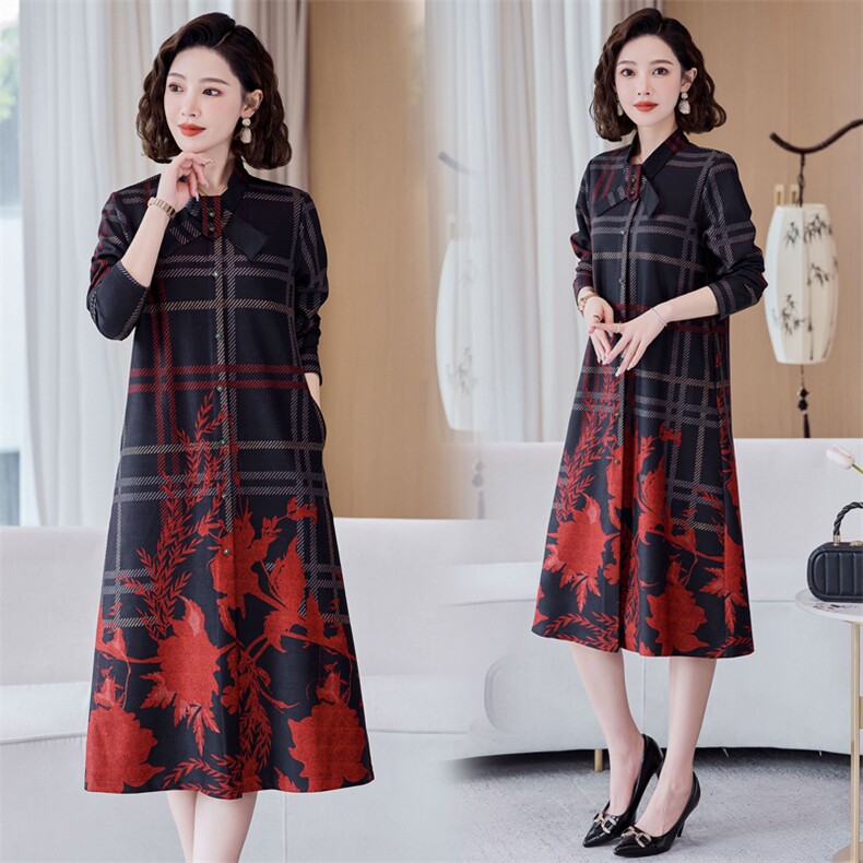 现货2024秋季女装新款时尚定位花民族风年轻妈妈中长款连衣裙图片