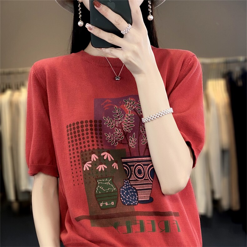夏季新款100%纯棉针织短袖女圆领拼色印花T恤宽松大码半袖上衣,针织衫/毛衣,斯美雅电商供货